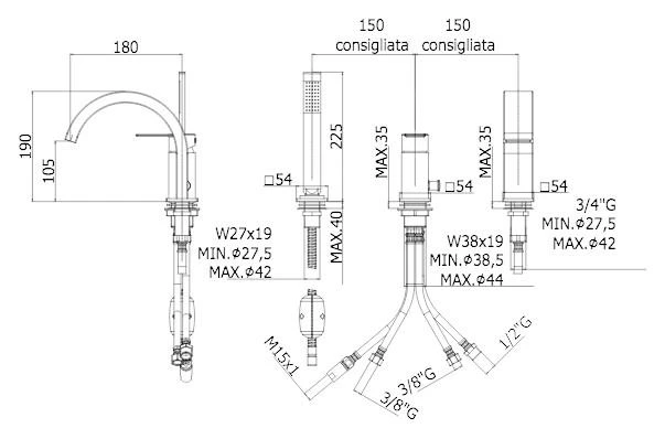 Paffoni Tango - 3-gats Badrandcombinatie, Chroom TA040CR 4 Paffoni Tango - 3-gats Badrandcombinatie, Chroom TA040CR - Afbeelding 2