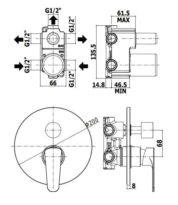 Paffoni Sly - Inbouwkraan Incl. Inbouwdeel, Voor 3 Uitgangen, Chroom SY019CR 4 Paffoni Sly - Inbouwkraan Incl. Inbouwdeel, Voor 3 Uitgangen, Chroom SY019CR - Afbeelding 2