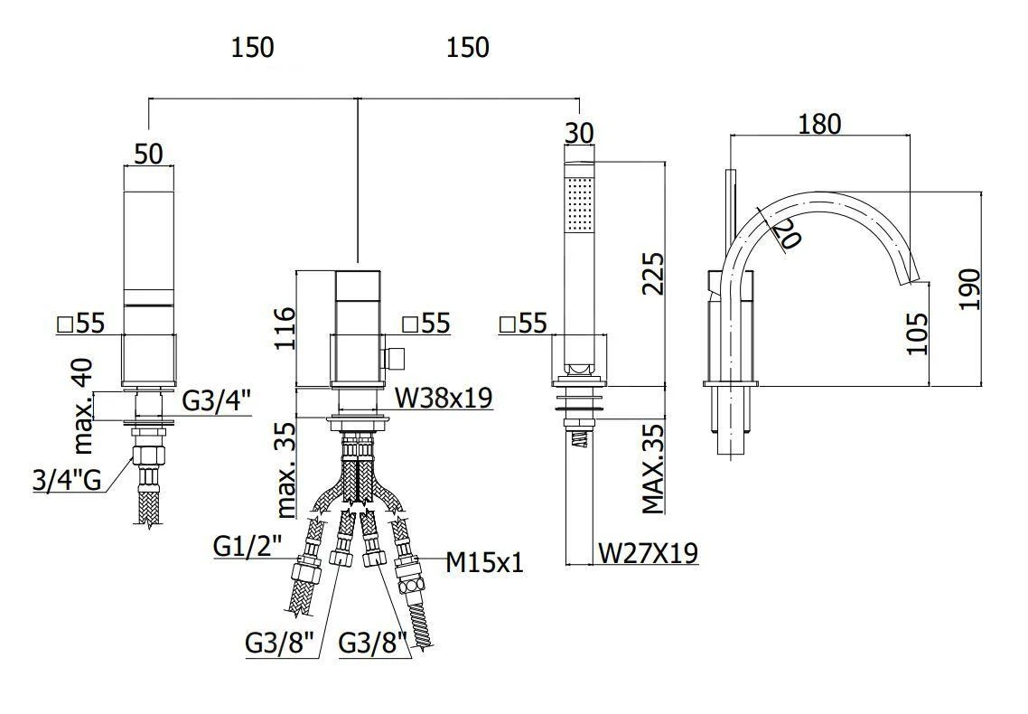Paffoni Level - Badrandkraan, 3-gats, Rvs LES040ST 4 Paffoni Level - Badrandkraan, 3-gats, Rvs LES040ST - Afbeelding 2